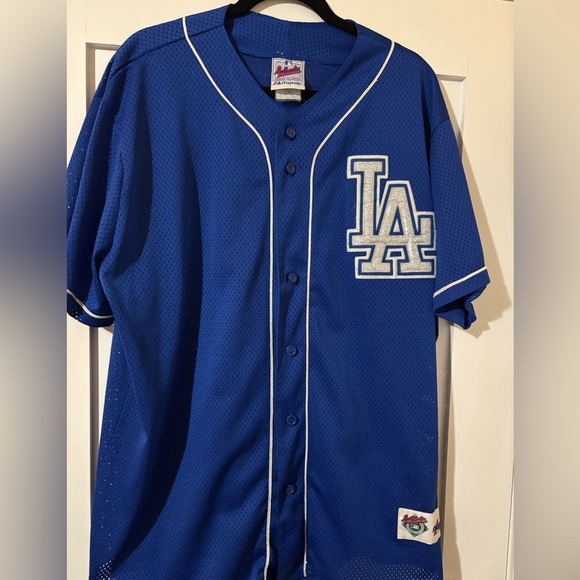 Majestic Tops - Majestic Royal Blue Baseball Jersey with Shimmer-Silver Logo Tag